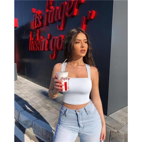 Womens Ribbed Crop Tank Top Set Square Neck Seamless Strappy Workout Tee - Picture 6 of 7